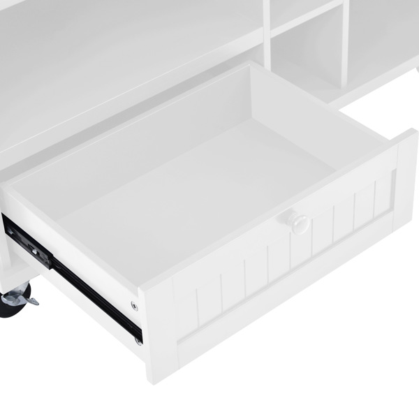 厨房岛推车，带储物柜和两个锁轮，实木桌面，微波柜，厨房、餐厅、浴室的落地式自助服务台侧板（白色）-8