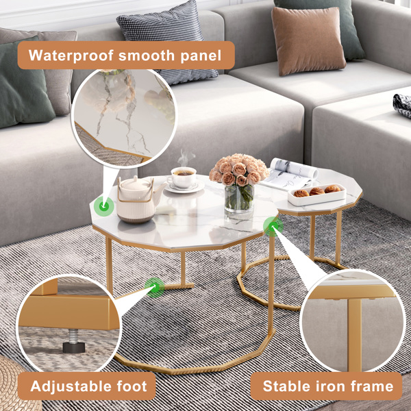 大理石咖啡桌端桌12边形，25.6“白色人造大理石台面和黑色金属腿可用于客厅、室外、防倾斜。（白色+金色，25.6”宽x 25.6“深x 18.4”高）-3