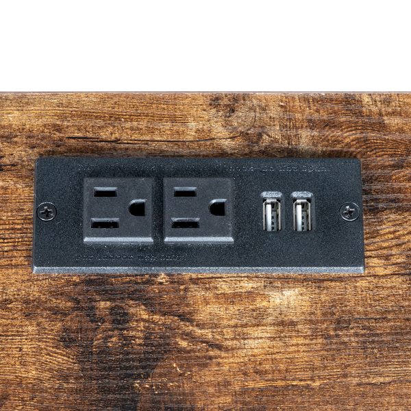  复古木纹色 刨花板贴三胺 黑色铁管 一抽 床头柜 侧面带活动毛毡收纳袋 带1.5M长电源线USB插座 N001-19