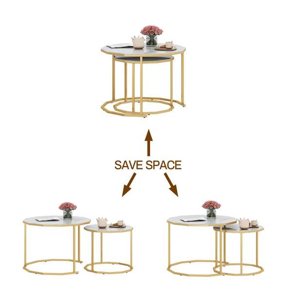 大理石咖啡桌端桌12边形，25.6“白色人造大理石台面和黑色金属腿可用于客厅、室外、防倾斜。（白色+金色，25.6”宽x 25.6“深x 18.4”高）-9