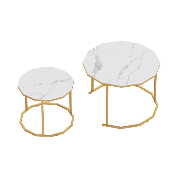 大理石咖啡桌端桌12边形，25.6“白色人造大理石台面和黑色金属腿可用于客厅、室外、防倾斜。（白色+金色，25.6”宽x 25.6“深x 18.4”高）-7