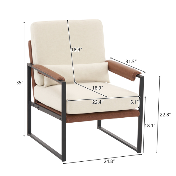  单人铁架椅 软包米白 扶手座框棕色蜂窝皮 室内休闲椅 68*81*88cm-68