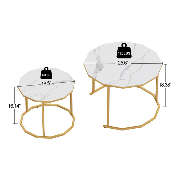 大理石咖啡桌端桌12边形，25.6“白色人造大理石台面和黑色金属腿可用于客厅、室外、防倾斜。（白色+金色，25.6”宽x 25.6“深x 18.4”高）-8