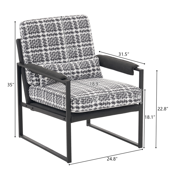  单人铁架椅 软包黑白格子 扶手座框深灰蜂窝皮 室内休闲椅 68*81*88cm-86