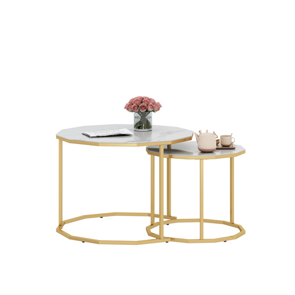 大理石咖啡桌端桌12边形，25.6“白色人造大理石台面和黑色金属腿可用于客厅、室外、防倾斜。（白色+金色，25.6”宽x 25.6“深x 18.4”高）-10