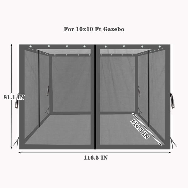 10 x 10英尺凉亭替换用四面蚊帐网纱有拉链（黑色）【禁售temu，周末无法发货，谨慎下单】-3