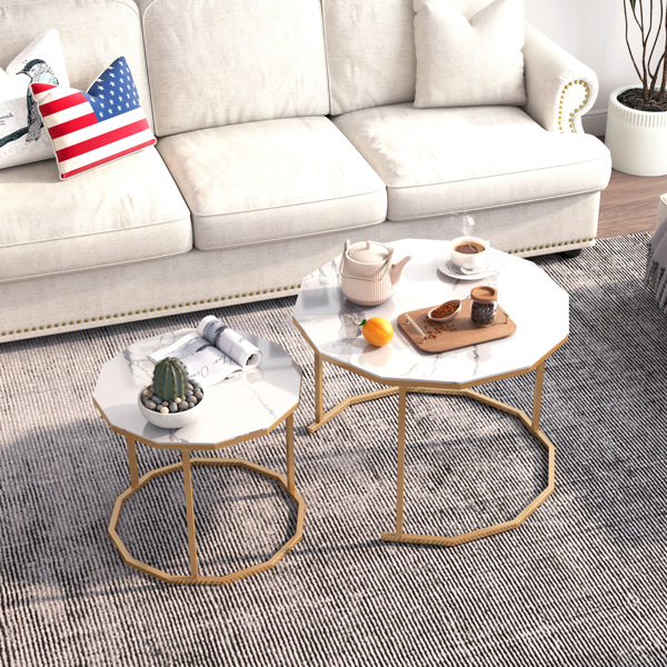 大理石咖啡桌端桌12边形，25.6“白色人造大理石台面和黑色金属腿可用于客厅、室外、防倾斜。（白色+金色，25.6”宽x 25.6“深x 18.4”高）-1
