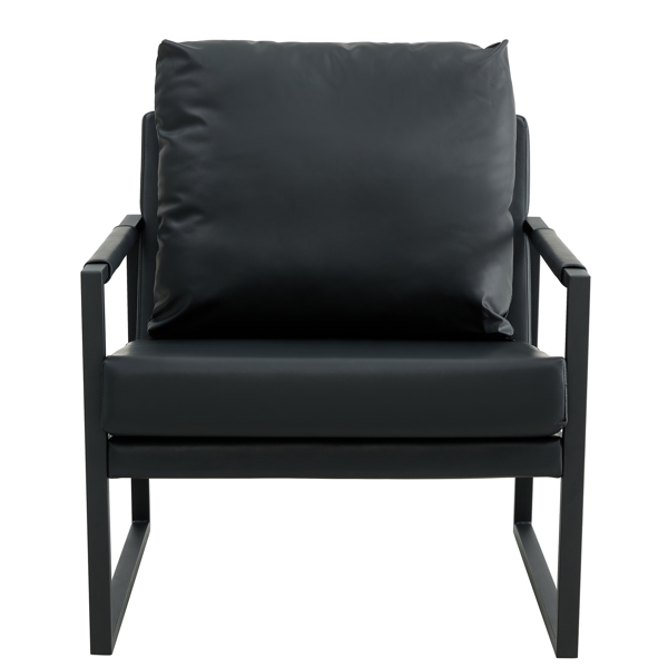 PU皮革特色扶手椅中世纪现代软垫扶手椅，带金属框架超厚衬垫靠背和座垫客厅沙发椅（黑色PU皮革+金属框架+泡沫）-6