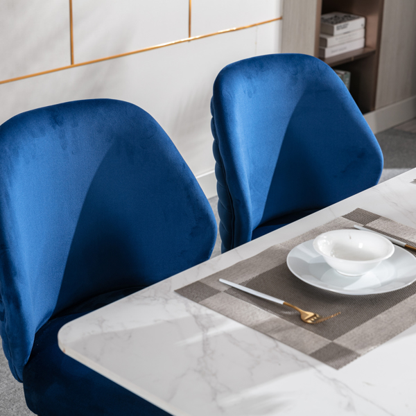 现代餐椅套装，2把，编织天鹅绒软包侧椅，带桶形靠背和金色金属腿，客厅卧室的特色椅，蓝色-10