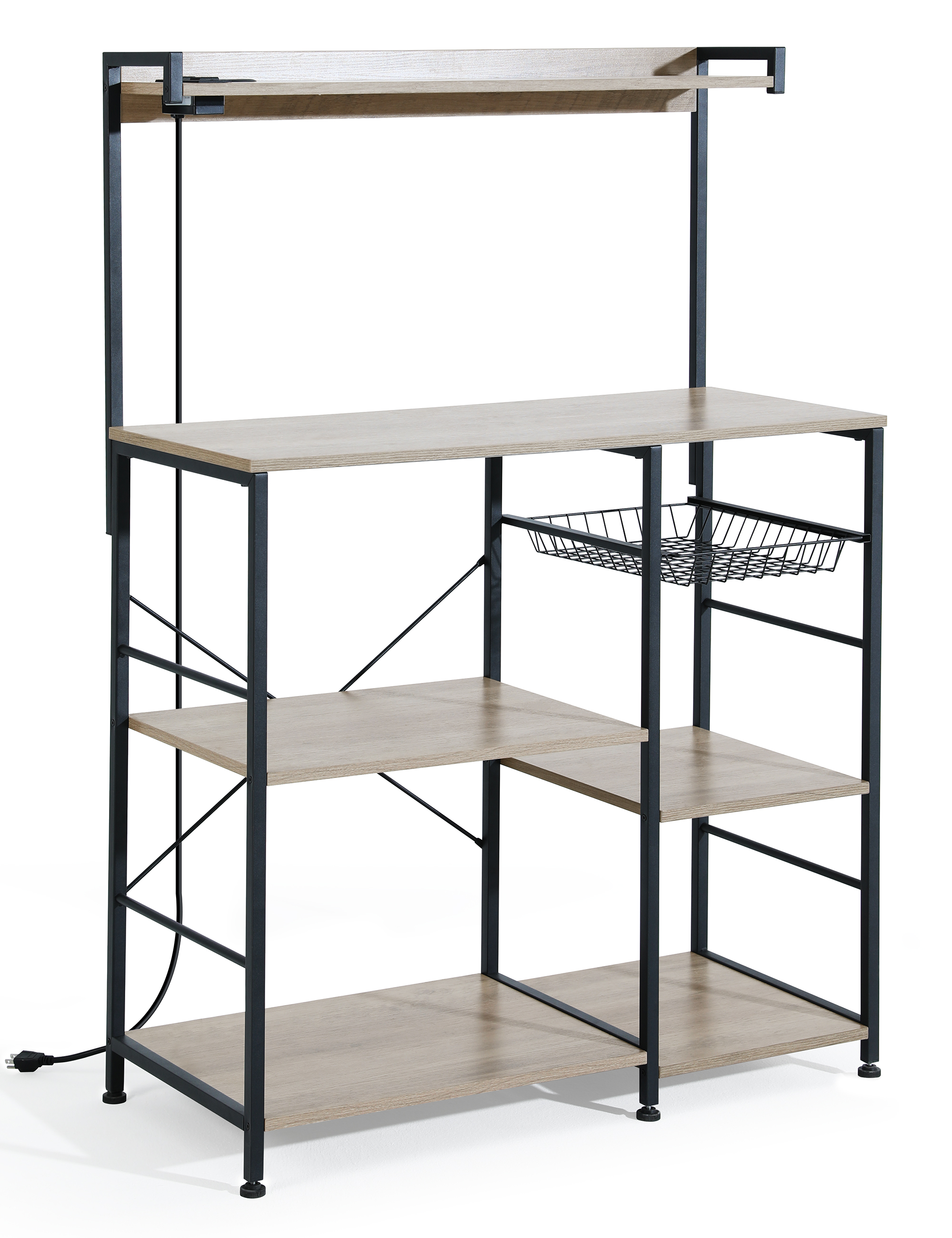 Baker’s Rack with Power Outlet, 6-Tier Kitchen Storage Rack, Coffee Bar with Storage Basket, Microwave Oven Stand with 6 S-Hooks, Table Organizer with Top Shelf, for Spices, Pots, Pans