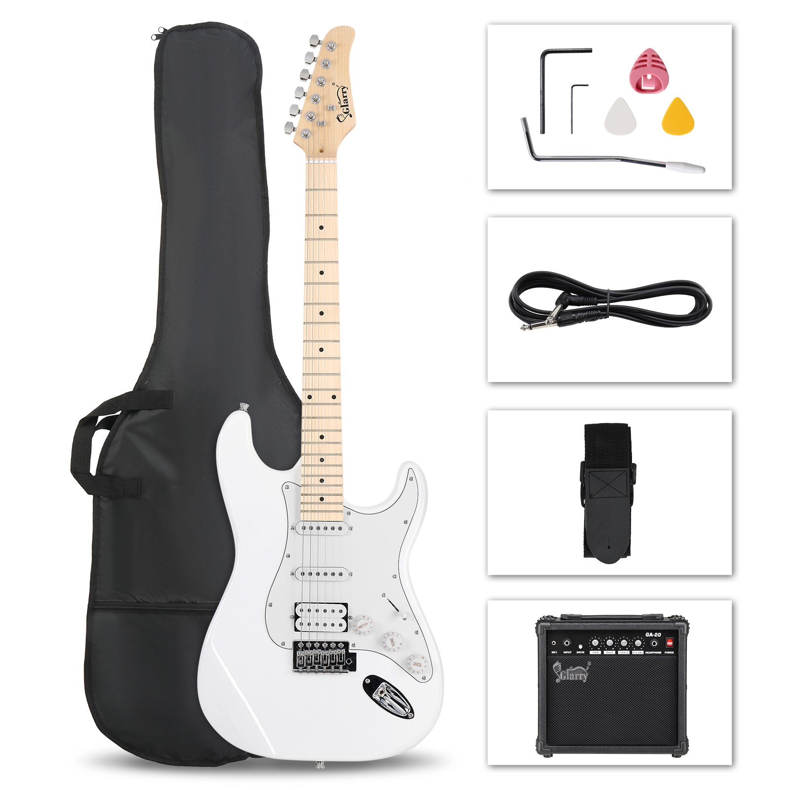 [Do Not Sell on Amazon] Glarry GST Stylish H-S-S Pickup Electric Guitar Kit with 20W AMP Bag Guitar Strap White