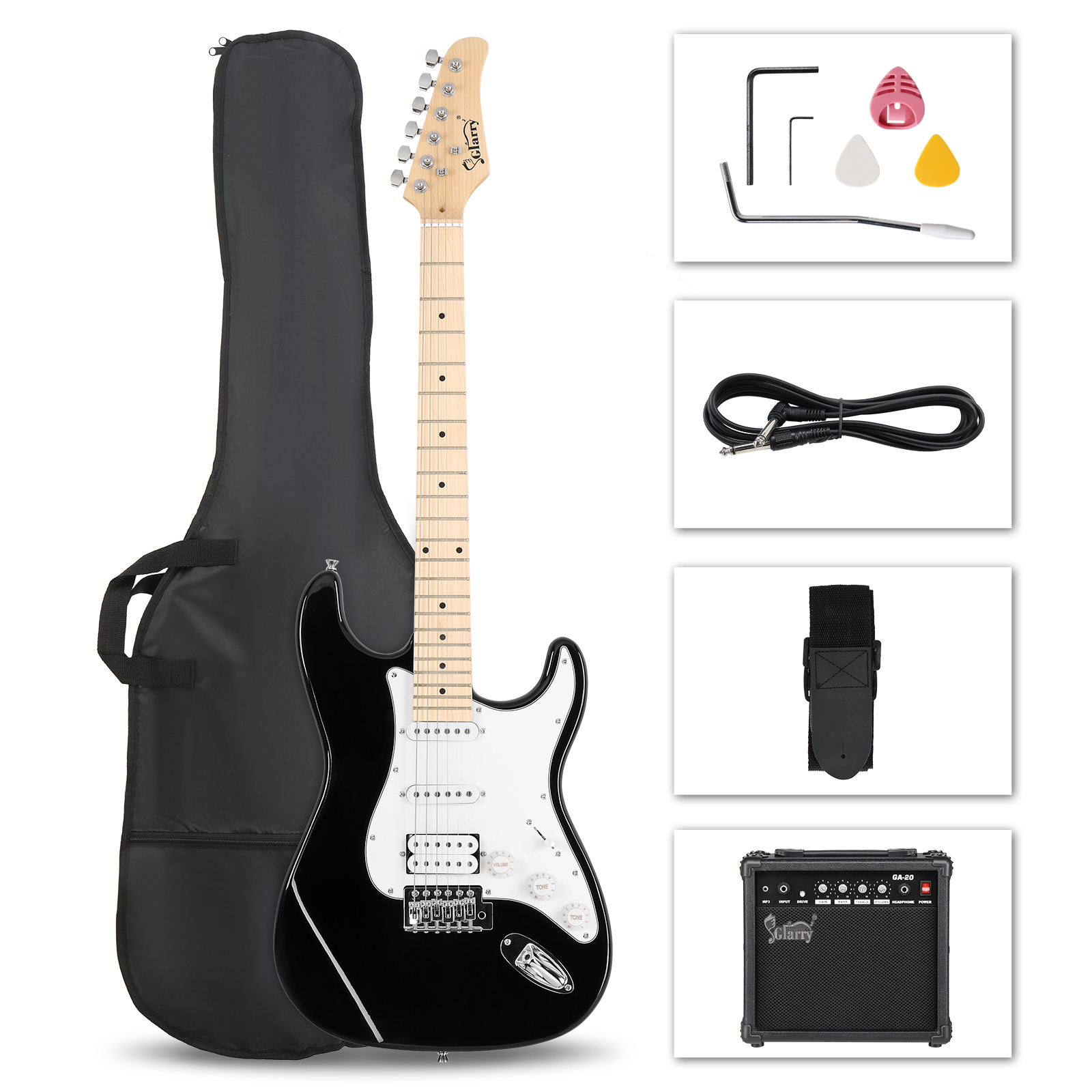 [Do Not Sell on Amazon] Glarry GST Stylish H-S-S Pickup Electric Guitar Kit with 20W AMP Bag Guitar Strap Black