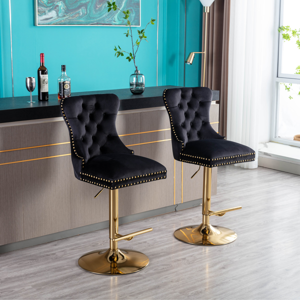一套2个旋转式吧台凳子椅子一套2件现代可调节柜台高度的吧台凳子，天鹅绒软垫凳子，带簇绒高背和厨房拉环，铬金色底座，黑色-1