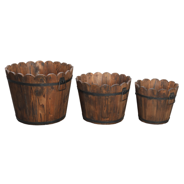  3pcs 大套 碳化色 杉木 种植盆 花型木桶-1