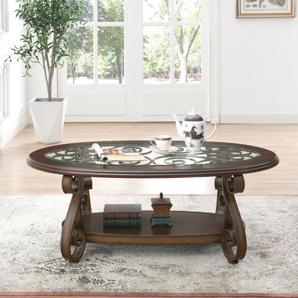 咖啡桌，带玻璃桌面和粉末涂层金属腿，深棕色（52.5“X28.5”X19.5“）-4