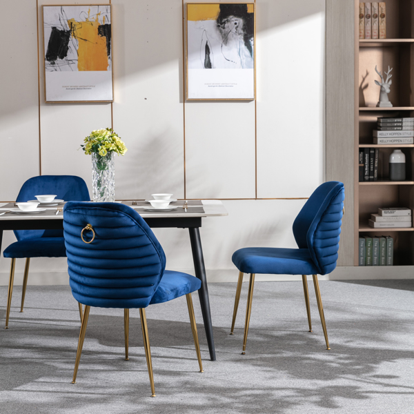 现代餐椅套装，2把，编织天鹅绒软包侧椅，带桶形靠背和金色金属腿，客厅卧室的特色椅，蓝色-1