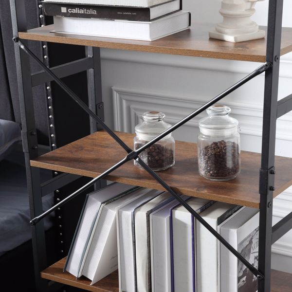 阶梯式书架书架5层|开放式书架，金属框架和木板|生锈+黑色-3