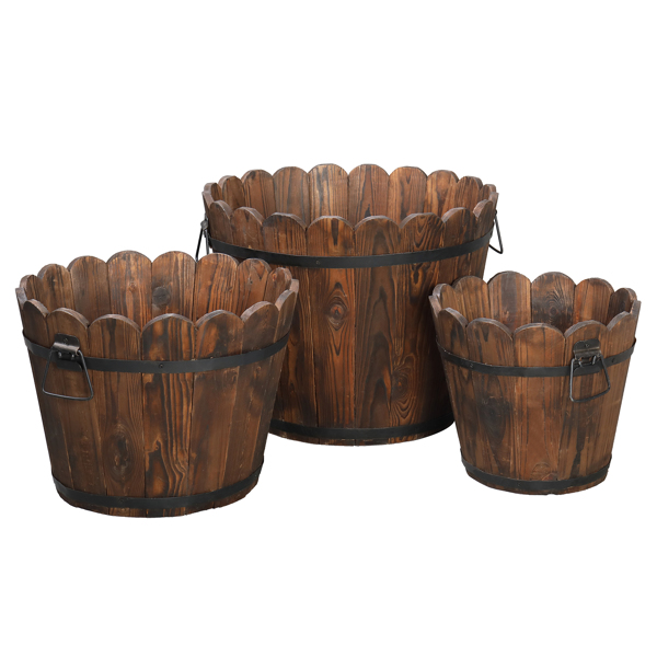  3pcs 大套 碳化色 杉木 种植盆 花型木桶-5