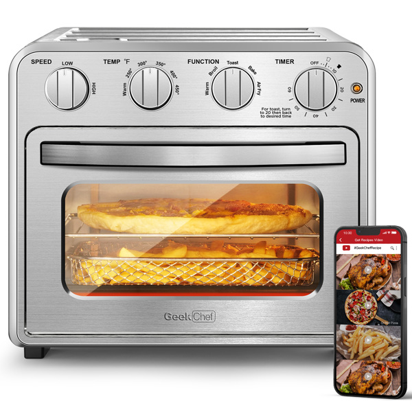 【周末无法发货，谨慎下单】Geek Chef Air Fryer Toaster烤箱组合，4片Toaster对流式空气油炸烤箱温暖，烤架，烤面包，空气油炸，无油，包括配件，不锈钢，银色（16QT空气油炸烤箱）-9