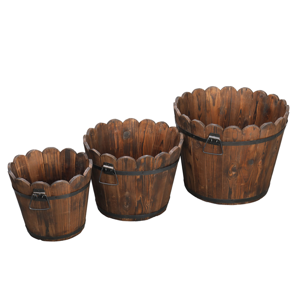  3pcs 大套 碳化色 杉木 种植盆 花型木桶-2