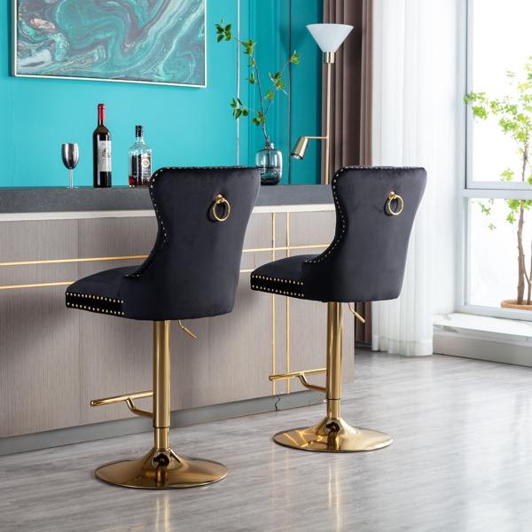 一套2个旋转式吧台凳子椅子一套2件现代可调节柜台高度的吧台凳子，天鹅绒软垫凳子，带簇绒高背和厨房拉环，铬金色底座，黑色-3