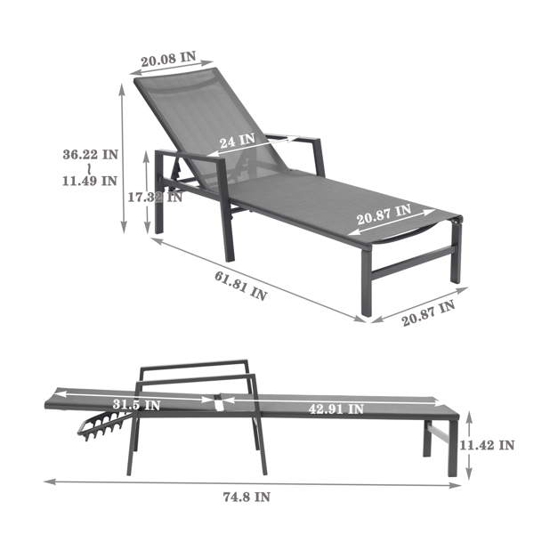 户外2件装躺椅躺床，靠背5档可调铝制躺椅，适用于天井，海滩，庭院，游泳池等(灰色框架/黑色座布)  -9