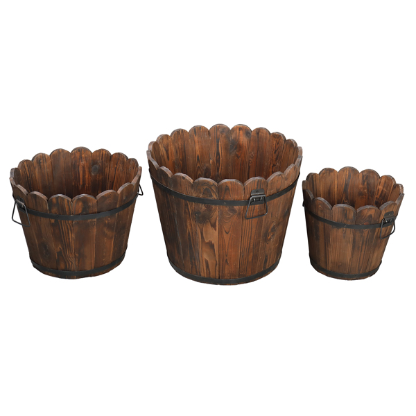  3pcs 大套 碳化色 杉木 种植盆 花型木桶-3