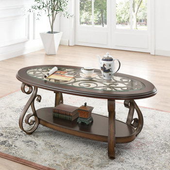 咖啡桌，带玻璃桌面和粉末涂层金属腿，深棕色（52.5“X28.5”X19.5“）