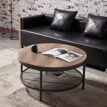 客厅和卧室用双层单板圆形咖啡桌，带3D纹理金属框架和网格