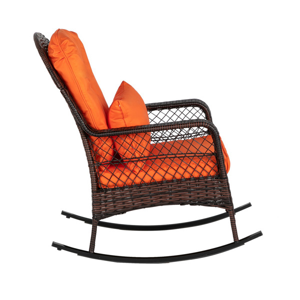  靠背稀编 棕色渐变藤条 橙色垫子 编藤摇椅 铁框架 70*96*95.5cm N001-8