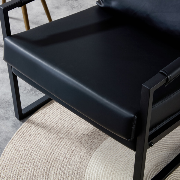 PU皮革特色扶手椅中世纪现代软垫扶手椅，带金属框架超厚衬垫靠背和座垫客厅沙发椅（黑色PU皮革+金属框架+泡沫）-7