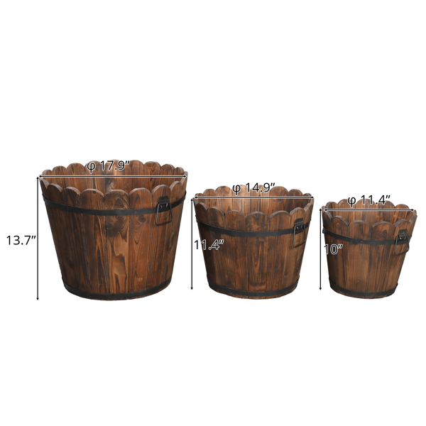  3pcs 大套 碳化色 杉木 种植盆 花型木桶-13
