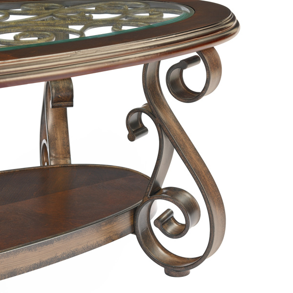 咖啡桌，带玻璃桌面和粉末涂层金属腿，深棕色（52.5“X28.5”X19.5“）-5