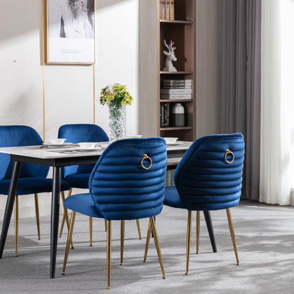 现代餐椅套装，2把，编织天鹅绒软包侧椅，带桶形靠背和金色金属腿，客厅卧室的特色椅，蓝色-9