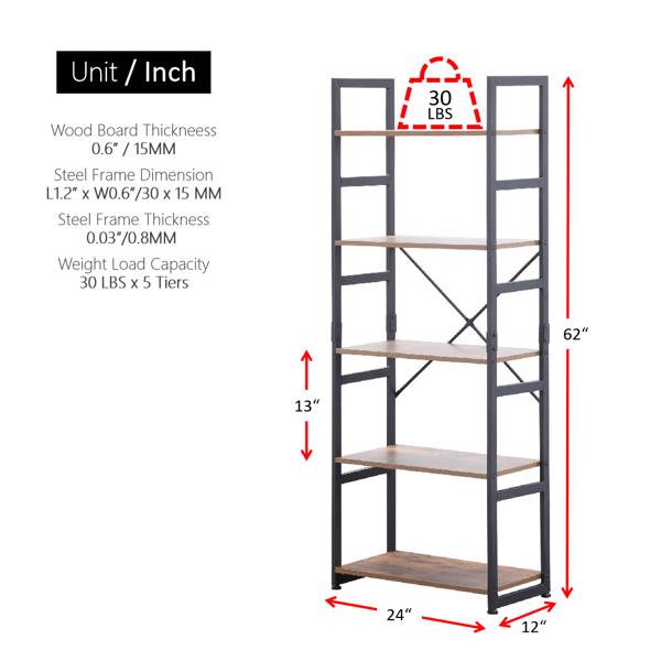 阶梯式书架书架5层|开放式书架，金属框架和木板|生锈+黑色-4