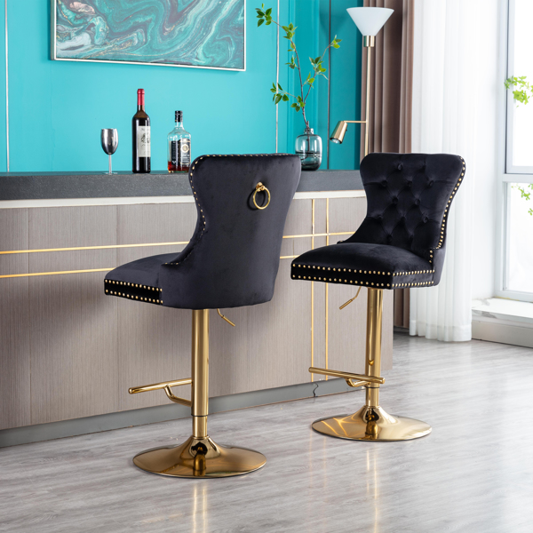 一套2个旋转式吧台凳子椅子一套2件现代可调节柜台高度的吧台凳子，天鹅绒软垫凳子，带簇绒高背和厨房拉环，铬金色底座，黑色-7