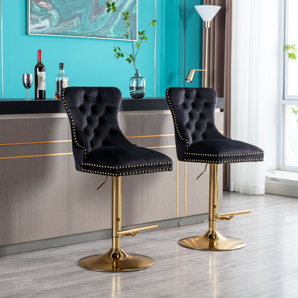 一套2个旋转式吧台凳子椅子一套2件现代可调节柜台高度的吧台凳子，天鹅绒软垫凳子，带簇绒高背和厨房拉环，铬金色底座，黑色-6