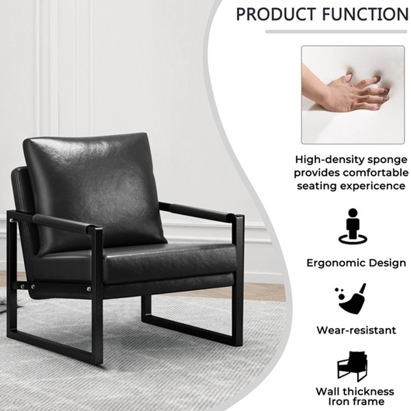PU皮革特色扶手椅中世纪现代软垫扶手椅，带金属框架超厚衬垫靠背和座垫客厅沙发椅（黑色PU皮革+金属框架+泡沫）-11