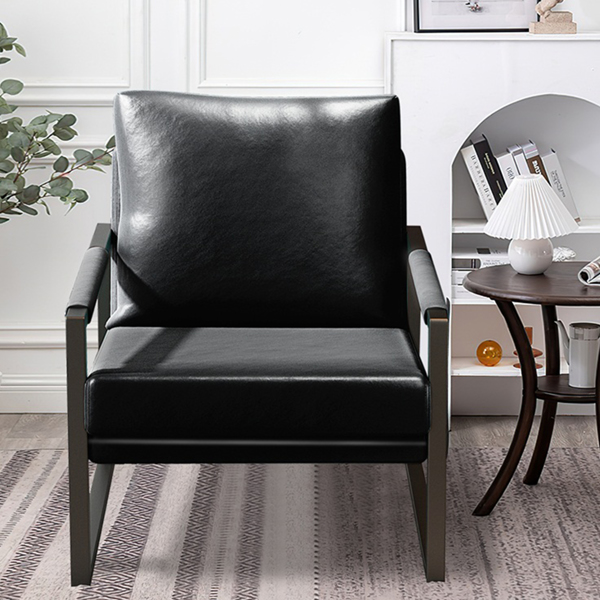PU皮革特色扶手椅中世纪现代软垫扶手椅，带金属框架超厚衬垫靠背和座垫客厅沙发椅（黑色PU皮革+金属框架+泡沫）-13