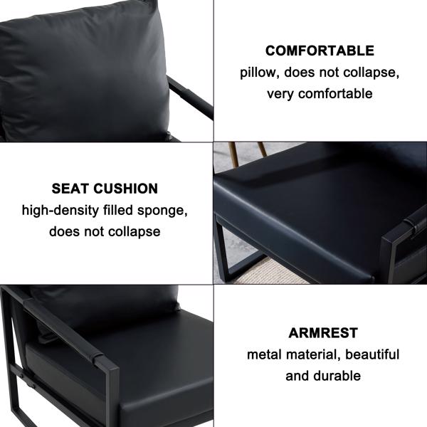 PU皮革特色扶手椅中世纪现代软垫扶手椅，带金属框架超厚衬垫靠背和座垫客厅沙发椅（黑色PU皮革+金属框架+泡沫）-4