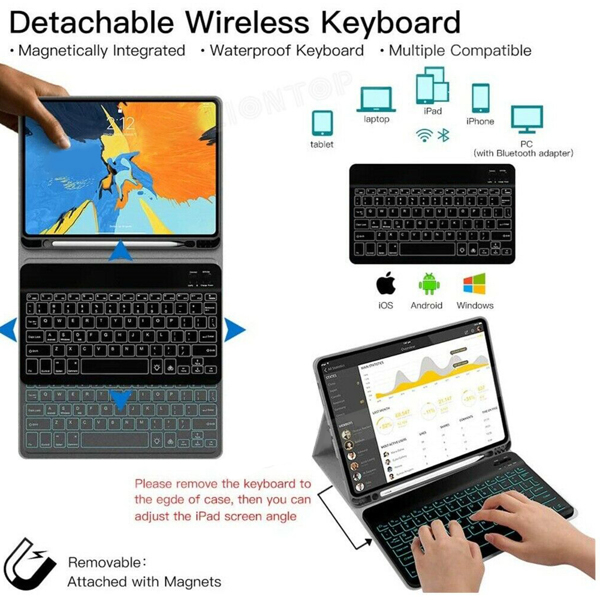（带电）适用IPAD PRO 11寸 2020 带笔槽可分体无线键盘 黑色皮套+黑键盘-3