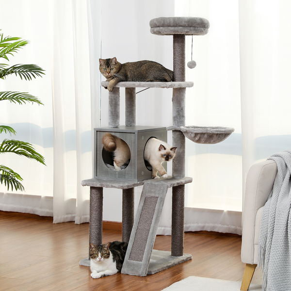 灰色猫台带有躺窝，剑麻猫抓柱，带猫玩具，可以休息和抓挠，适合各类猫使用-13