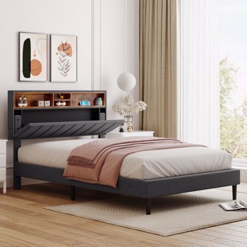 全尺寸软垫床，带储物床头板和USB接口，亚麻织物软垫床(灰色)