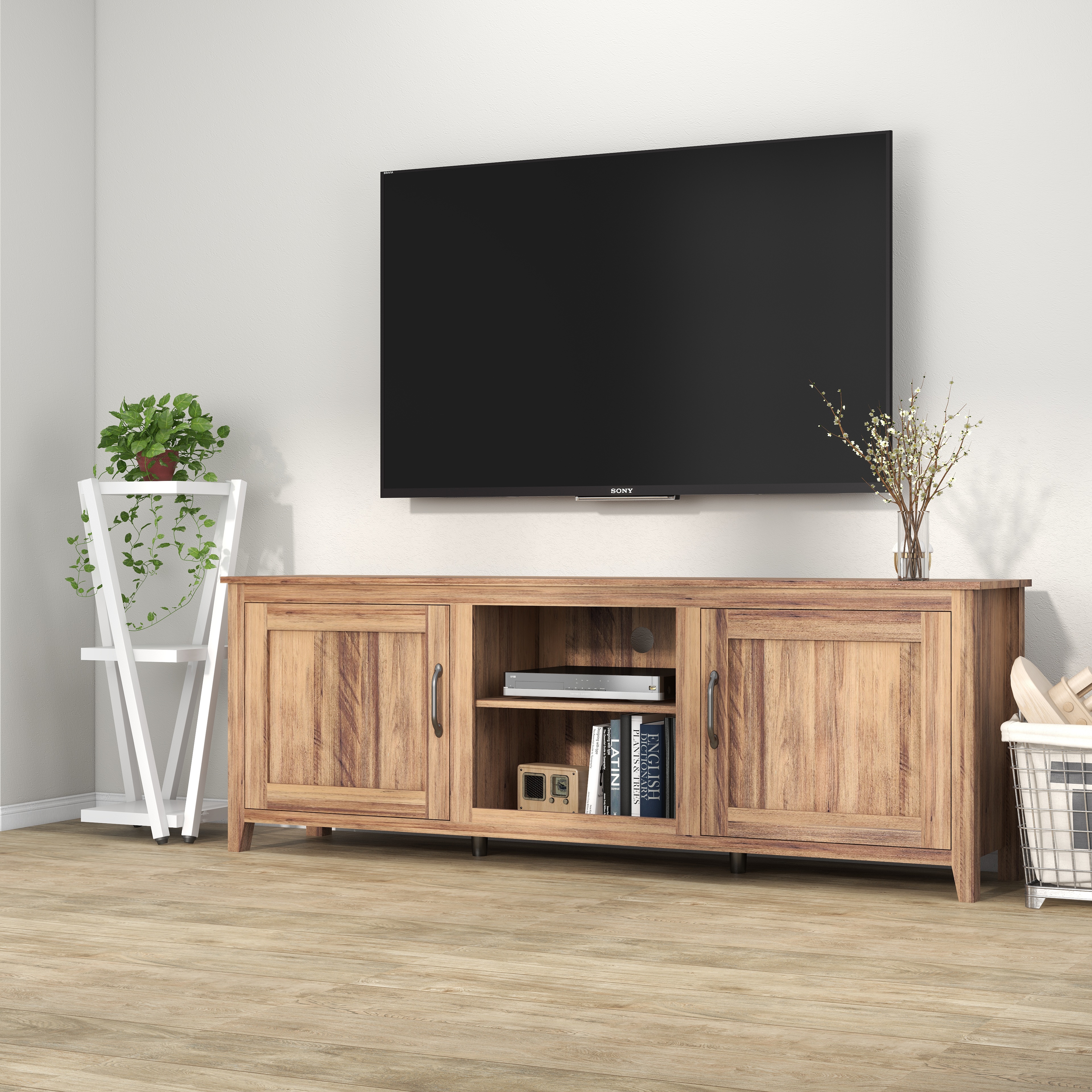 Traditional Wood Universal TV Stand Cabinet Doors and Open Shelves for TV's Flat Screen Living Room Storage Entertainment Center