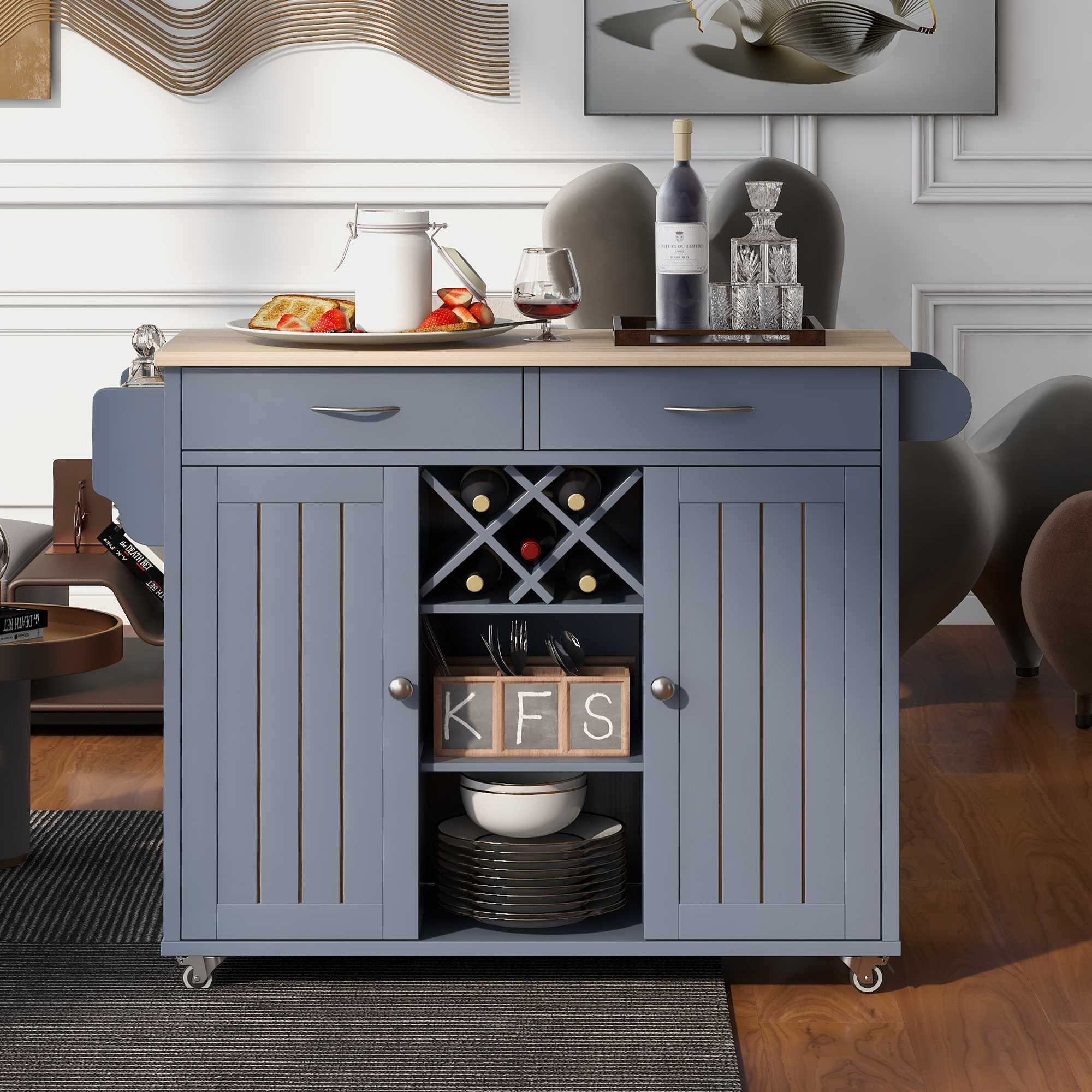 Kitchen Island Cart with Two Storage Cabinets and Four Locking Wheels，Wine Rack, Two Drawers,Spice Rack, Towel Rack