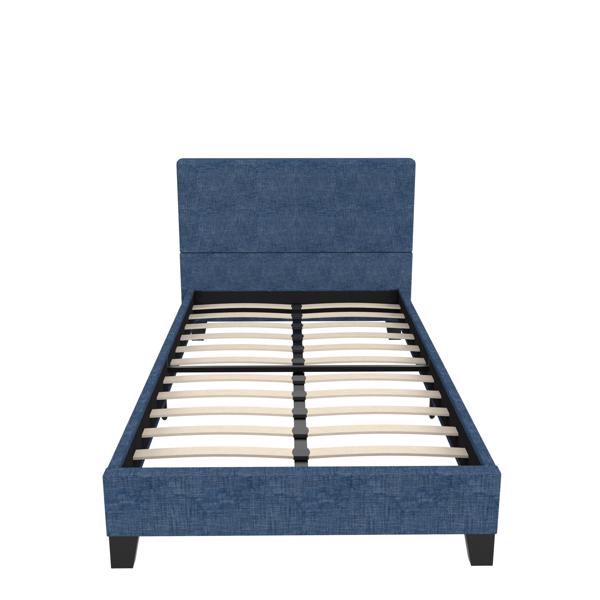 软垫亚麻Twin -金属框架，带簇绒方形缝合织物床头板-结实的木板支撑-不需要弹簧盒，深蓝色/Twin尺寸-3