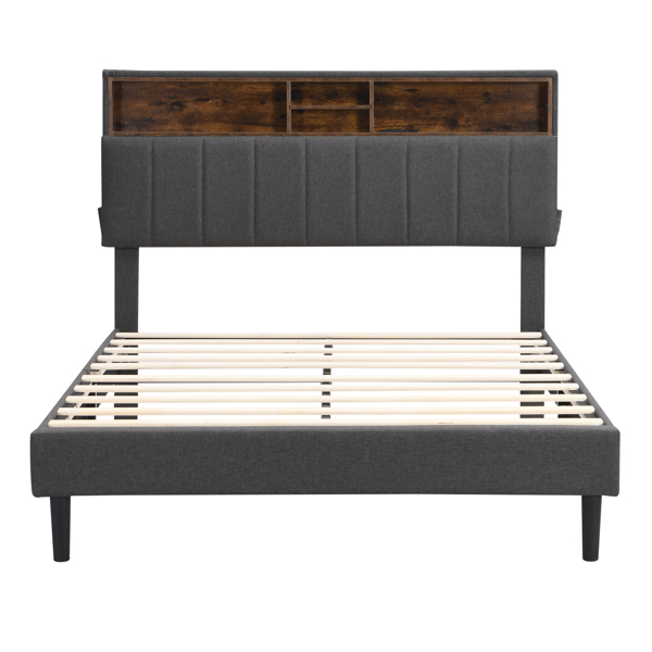 全尺寸软垫床，带储物床头板和USB接口，亚麻织物软垫床(灰色)-9