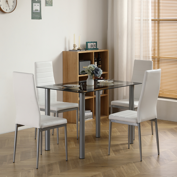 5件套餐桌，配有1张黑色包边玻璃餐桌和4把PVC白色椅子，现代餐桌，适用于厨房和早餐餐厅客厅（本产品将拆分成两个包裹）-3