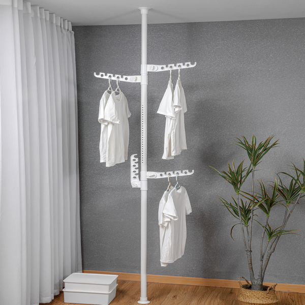 可调节洗衣杆衣物烘干架衣架DIY地到天花板拉杆存储整理器，适用于室内阳台-白色-1