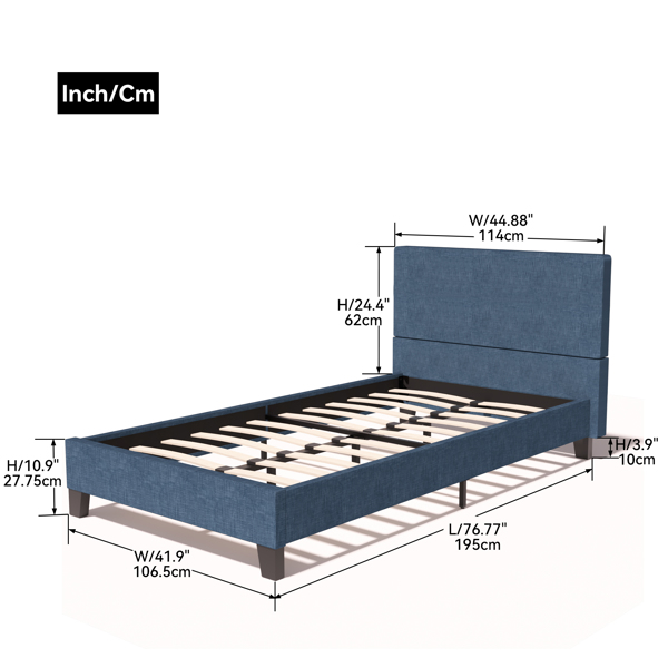 软垫亚麻Twin -金属框架，带簇绒方形缝合织物床头板-结实的木板支撑-不需要弹簧盒，深蓝色/Twin尺寸-2